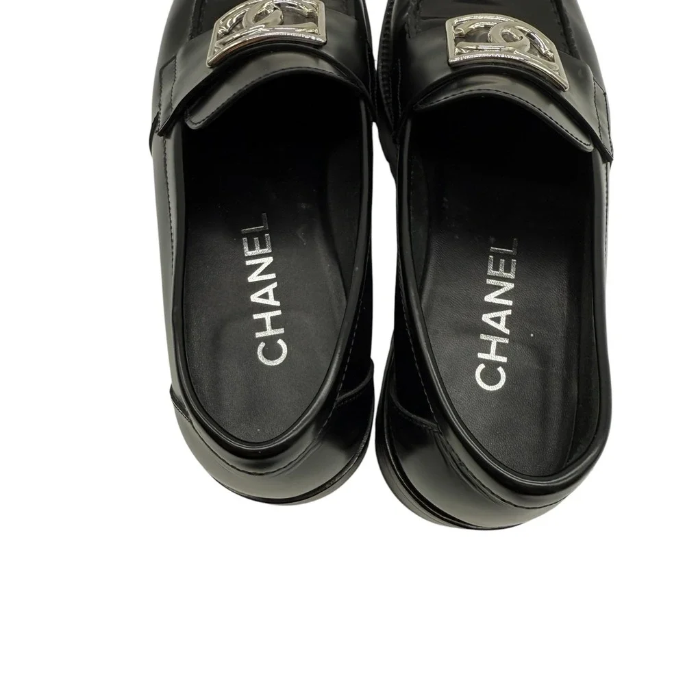 CHANEL Calfskin Metal CC Loafers Black Women's Size 38.5